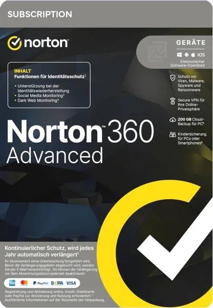 Norton 360 Advanced Antivirus-5 Devices 1 Year for Windows, mac,OS, Android, iOS
