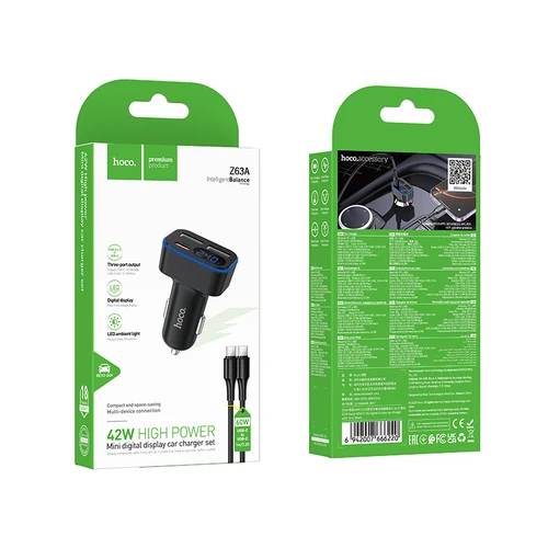 84121-2.jpg HOCO 42W PD + QC 3-Port Car Charger 2 USB-A + USB-C with 60W USB-C Cable