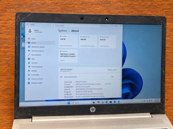 HP ProBook 455 G7 15.6-inch 8GB RAM 256GB SSD Silver – Good Condition