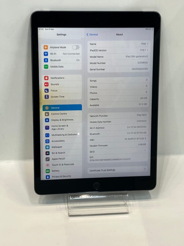 Apple iPad 9th Gen 10.2-Inch 64GB Space Grey Wi-Fi + Cellular Good Condition